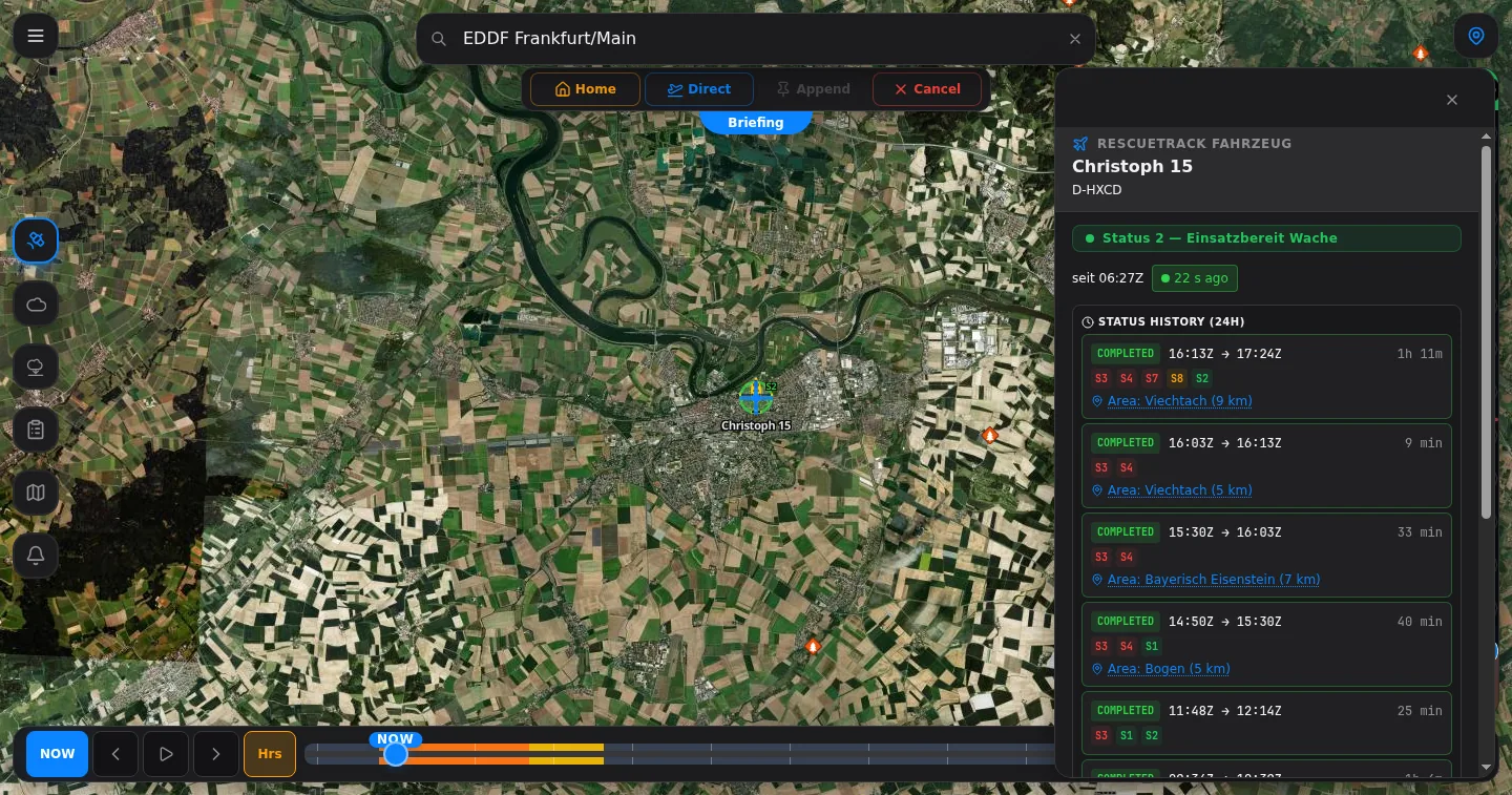 RescueTrack vehicle panel showing BOS status and 24-hour status history by area