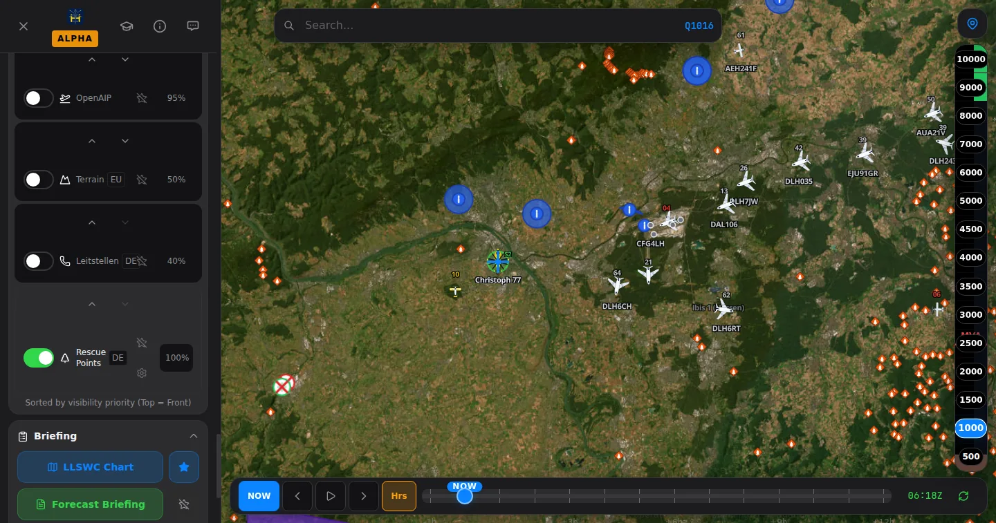 Morphable layer panel with per-layer opacity for OpenAIP, terrain, Leitstellen and rescue points