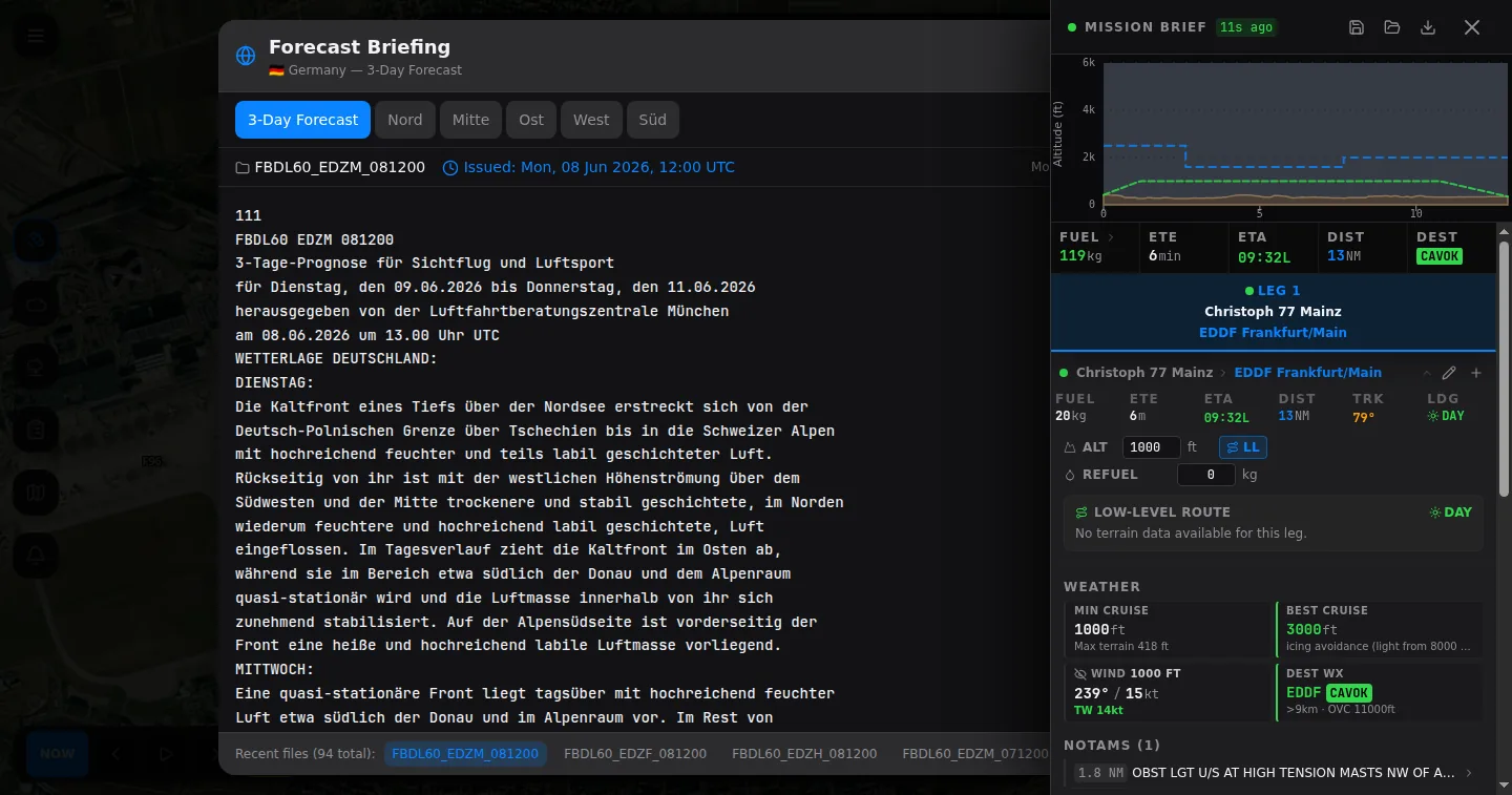 Low-level route leg with icing-avoidance cruise, obstacle NOTAM and GAFOR briefing