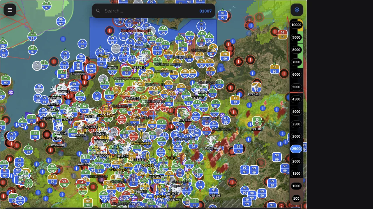 LowLevel flight deck — live European rescue traffic with named fleet, weather and altitude